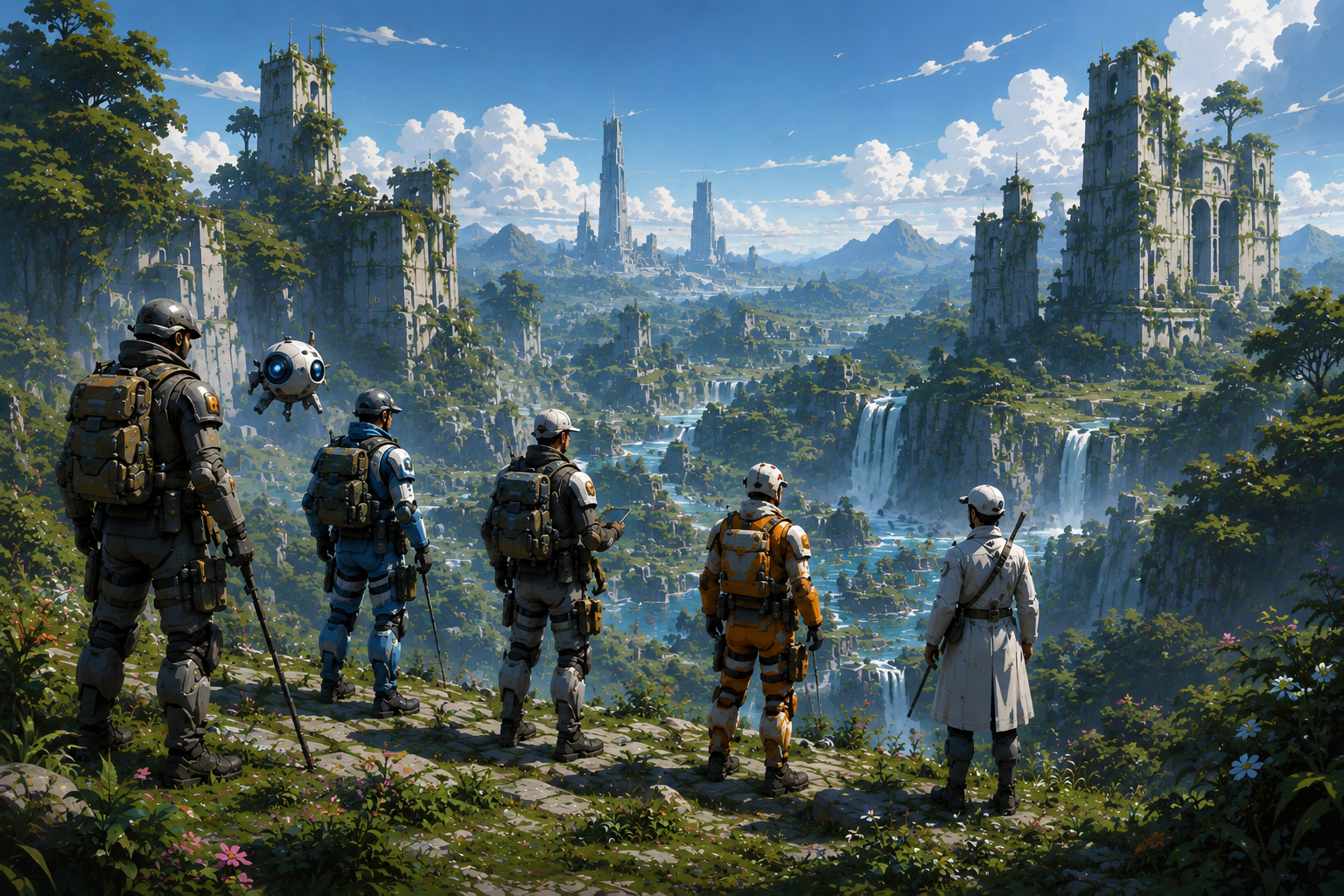 Mixed expedition overlooking overgrown towers and waterfalls.