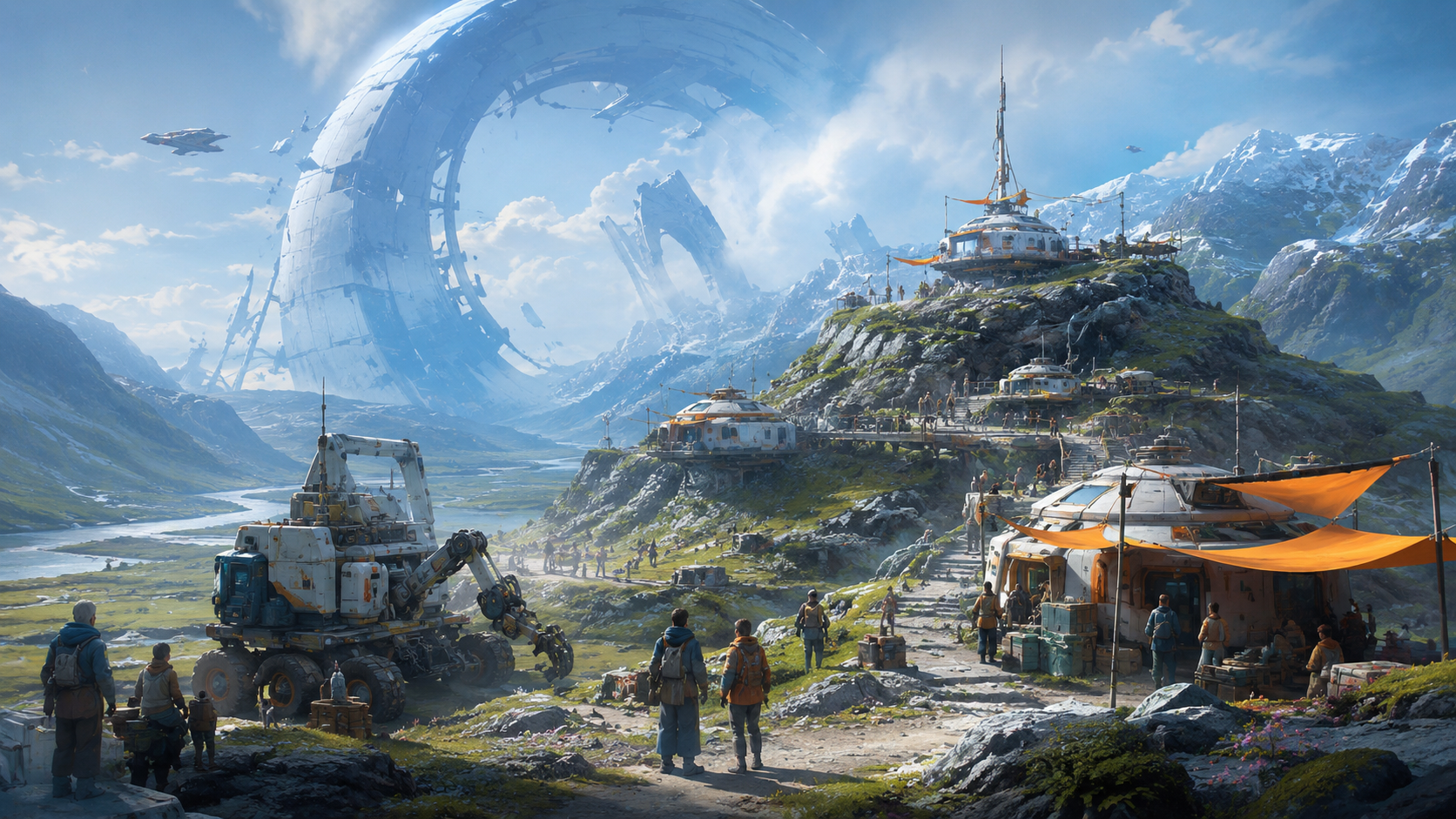 Frontier settlement beneath a colossal ruined structure.