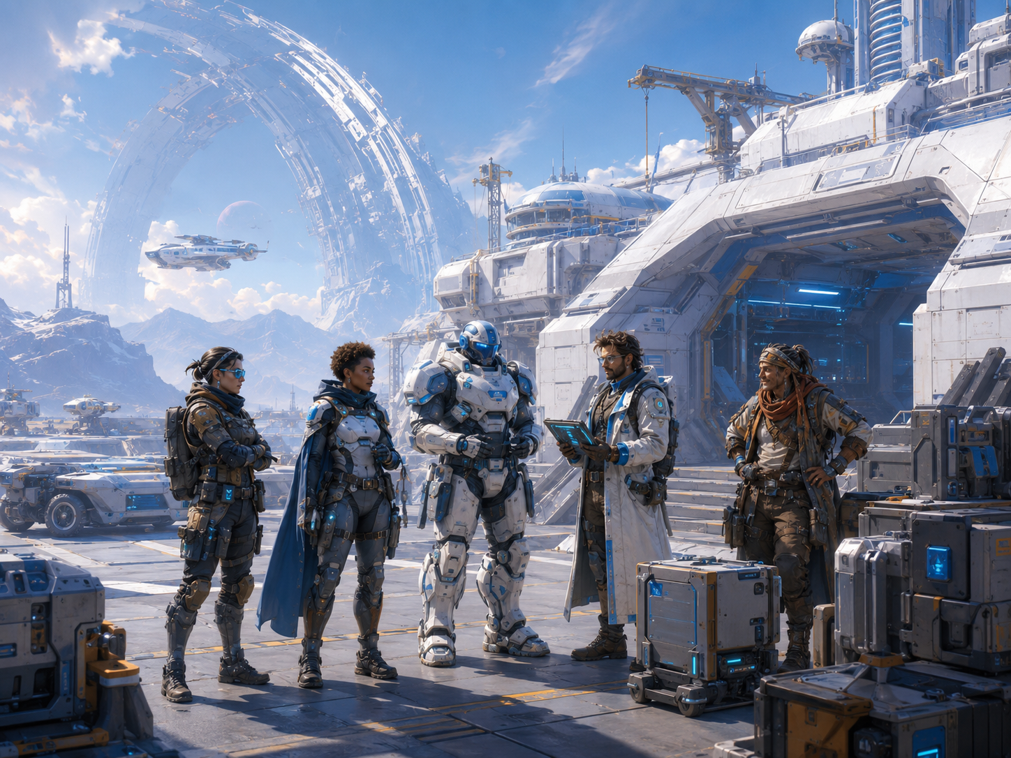 Mixed human team preparing for a mission at a frontier spaceport.